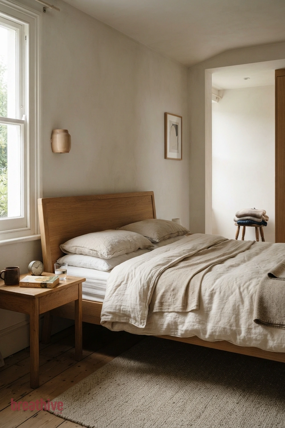 Add Warm Wood Near the Sleeping Zone in a minimalist bedroom