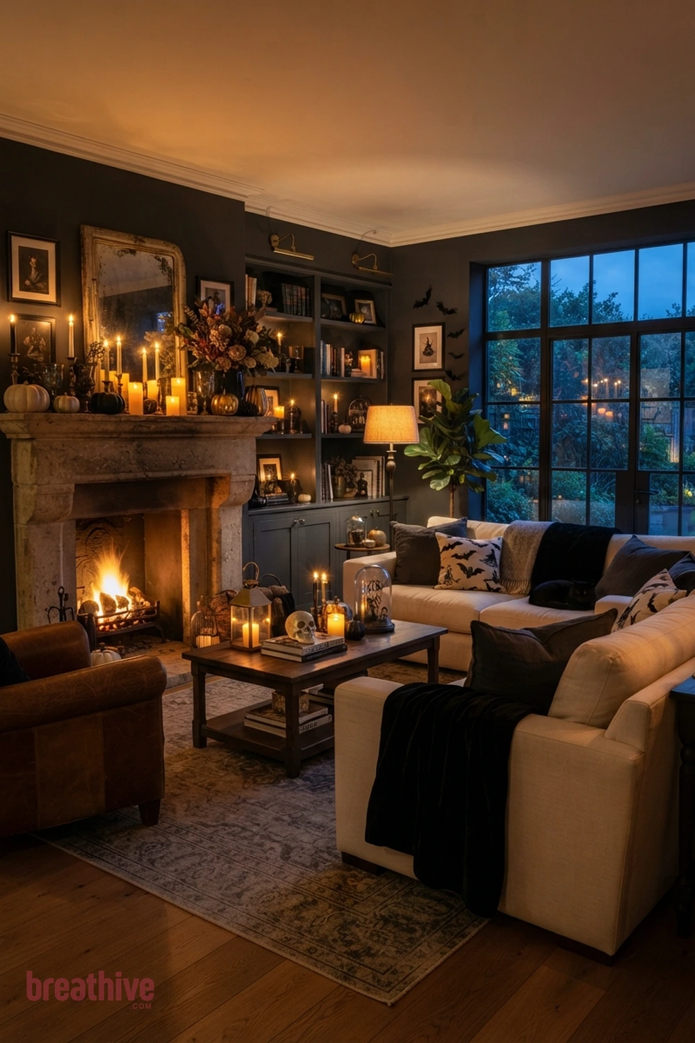 candlelit Halloween living room idea with living room after dusk with practical lamps and safe candle-style lighting