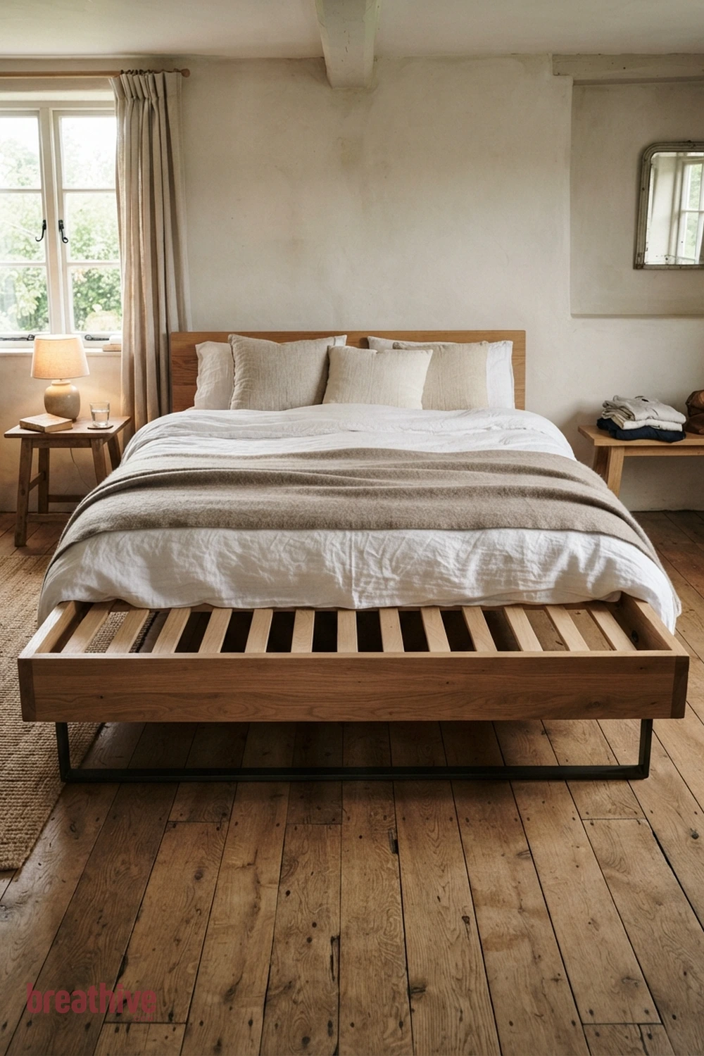 Choose a Bed Frame With Visible Floor Beneath in a thoughtful bedroom