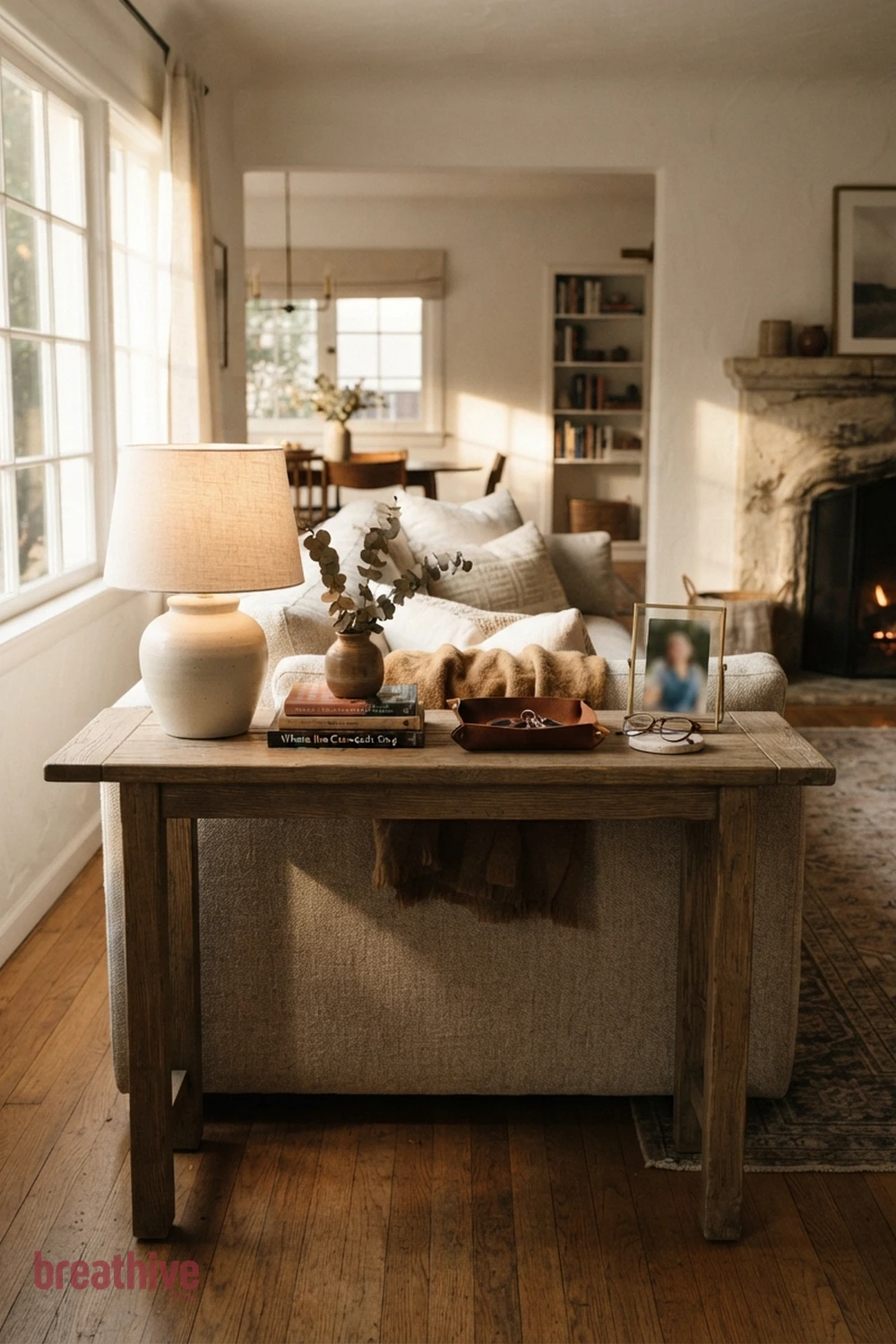 Use a Console Behind a Floating Sofa in a cozy home decor