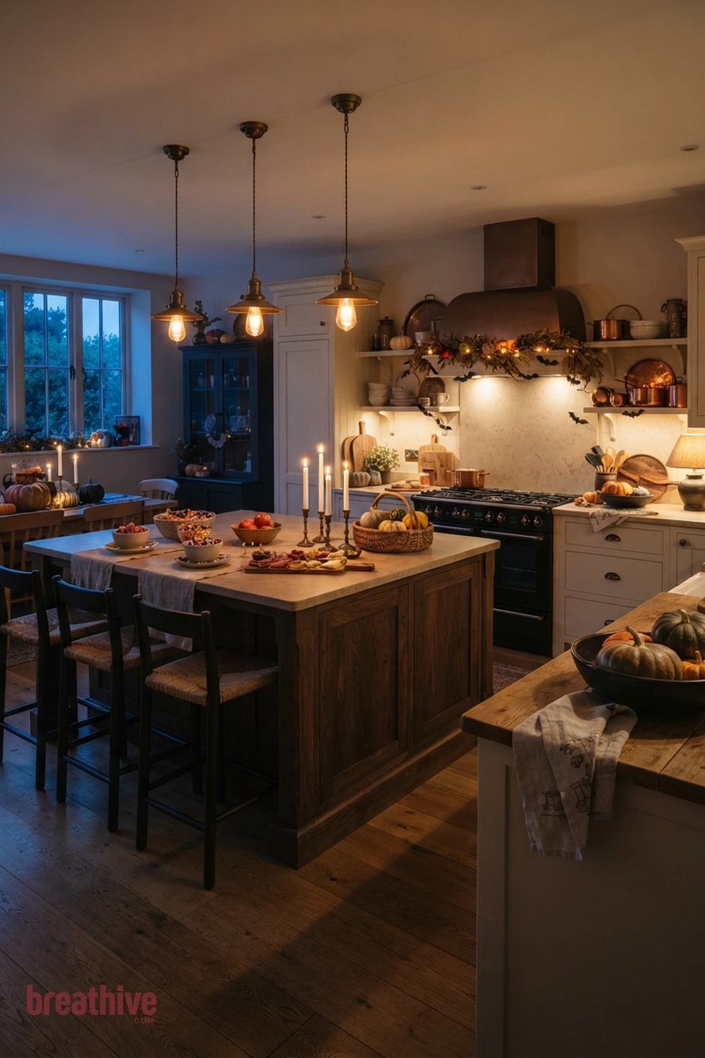 island-focused Halloween kitchen idea with kitchen or dining setup after dusk using pendants, lamps, and safe candle-style glow