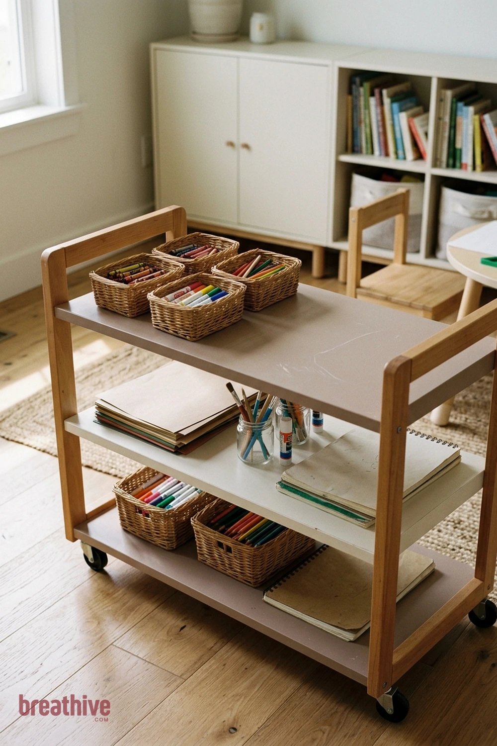 Use a Rolling Cart for Shared Materials in a thoughtful playroom