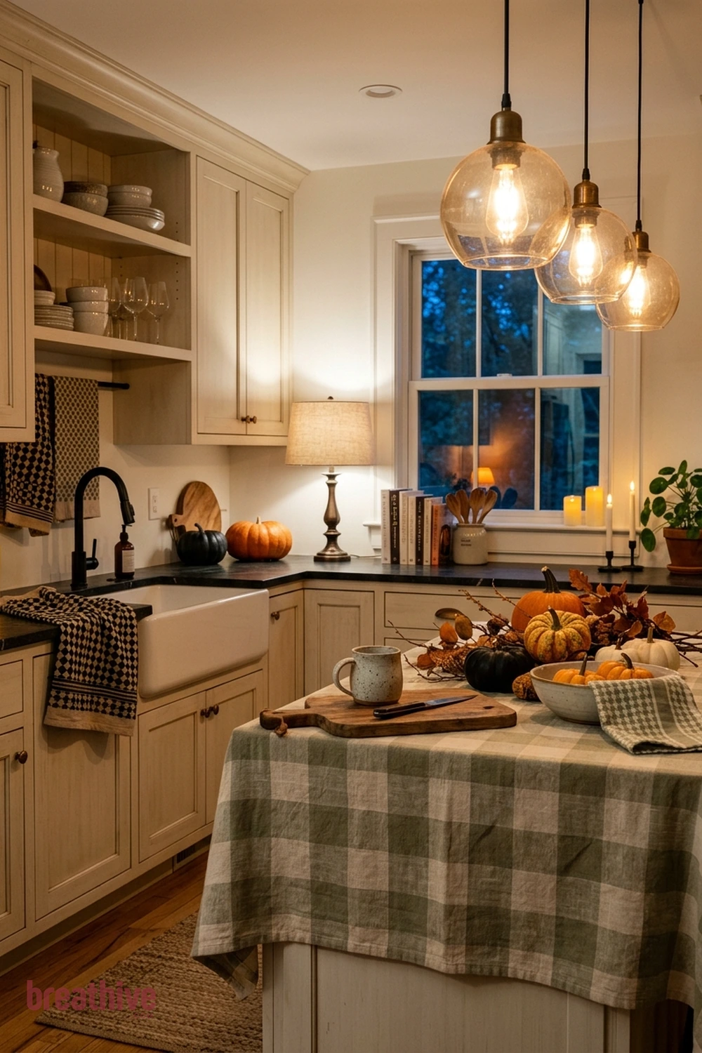 textile accent Halloween kitchen idea with kitchen or dining setup after dusk using pendants, lamps, and safe candle-style glow