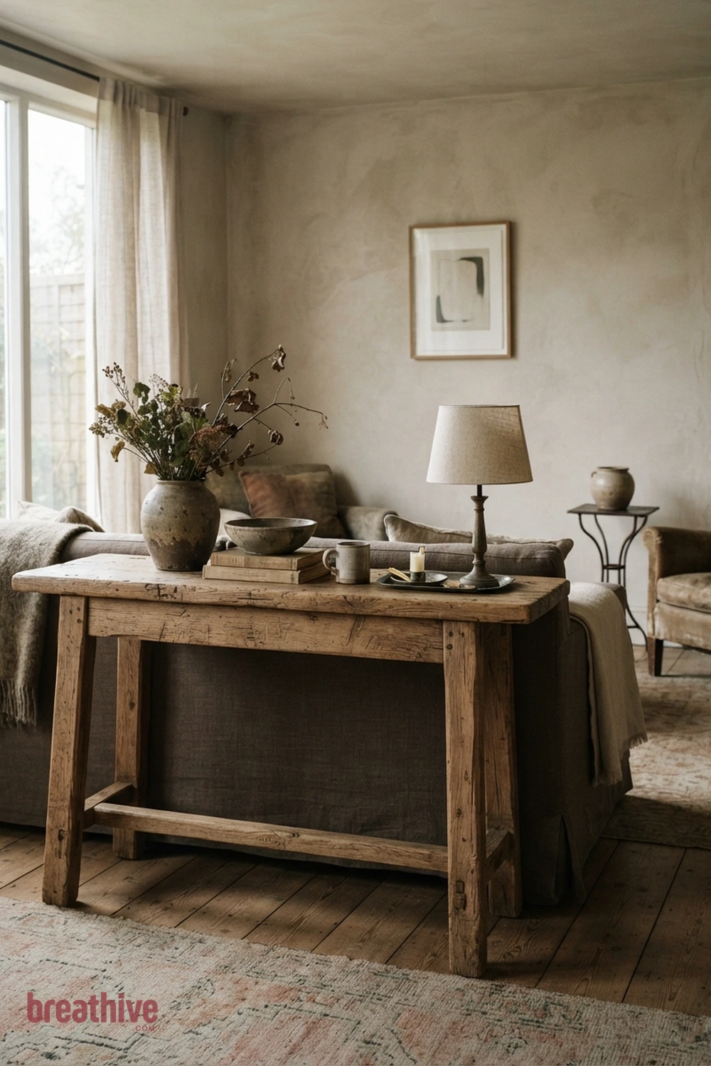 Use a Console Behind a Floating Sofa in a wabi-sabi living room