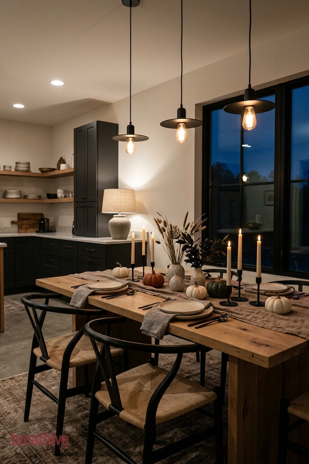 minimalist dining Halloween dining room idea with kitchen or dining setup after dusk using pendants, lamps, and safe candle-style glow