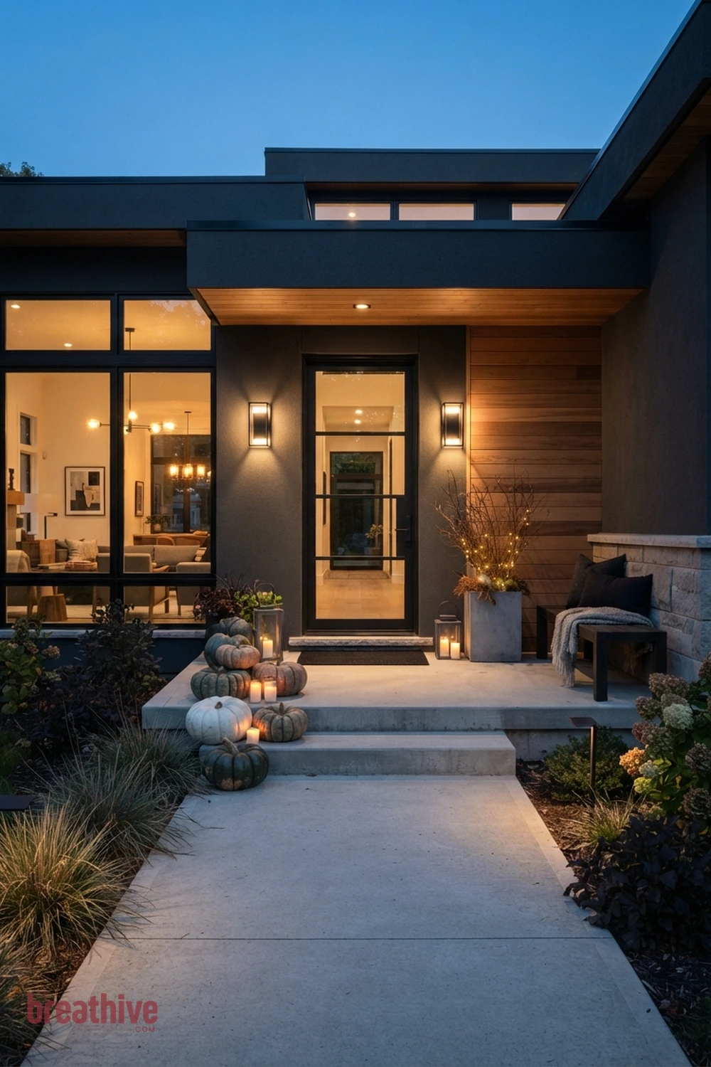 modern Halloween front porch idea with same entry transformed after dusk through layered practical lighting