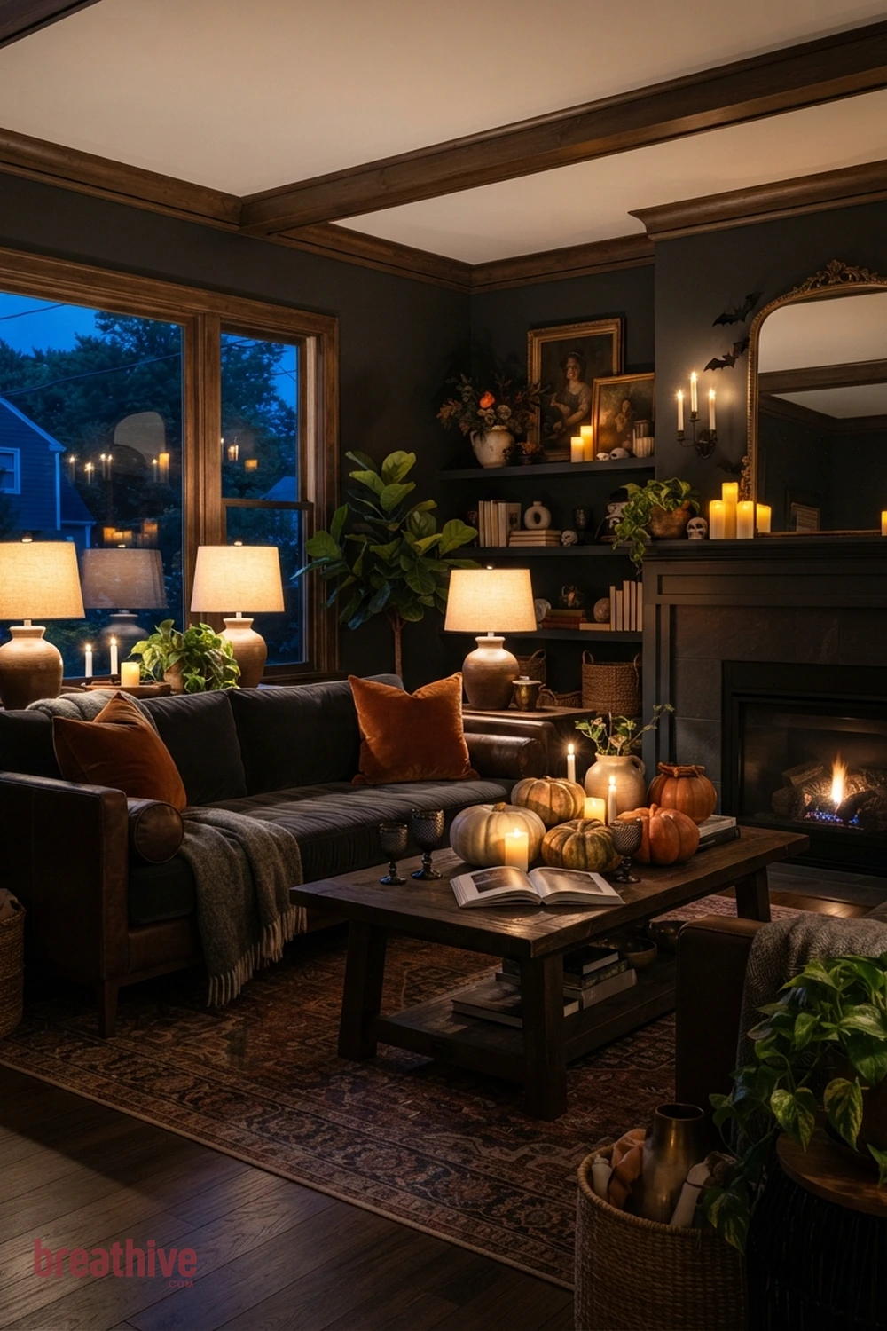 moody Halloween living room idea with living room after dusk with practical lamps and safe candle-style lighting