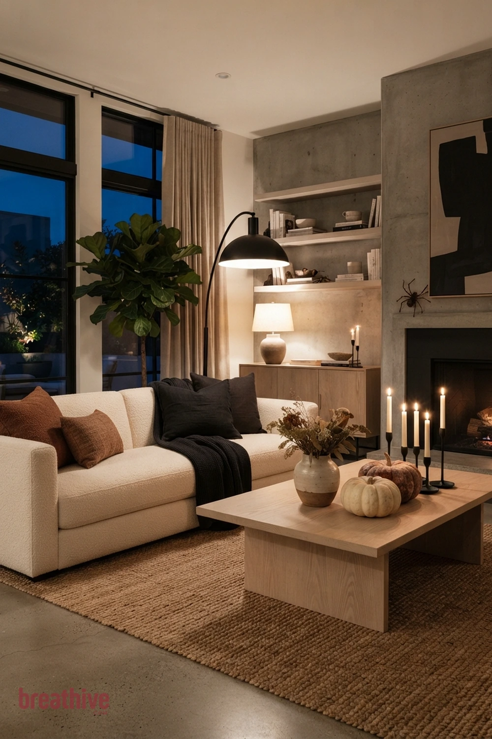 modern minimalist Halloween living room idea with living room after dusk with practical lamps and safe candle-style lighting