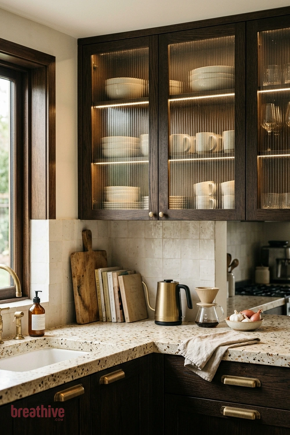 Use Glass-Front Cabinets as a Light Accent in a luxury kitchen