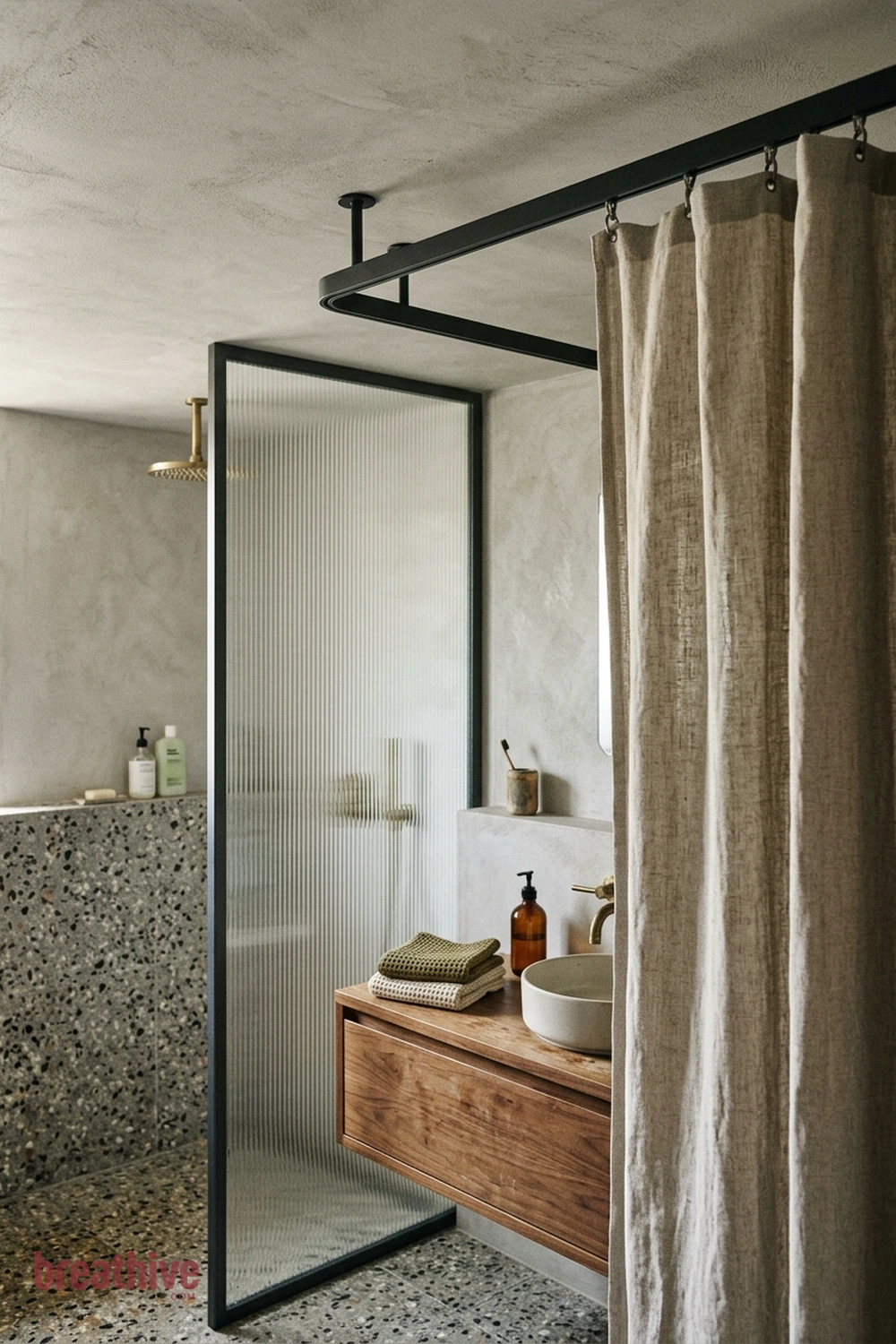 Use a Shower Curtain Track at Ceiling Height in a rustic bathroom