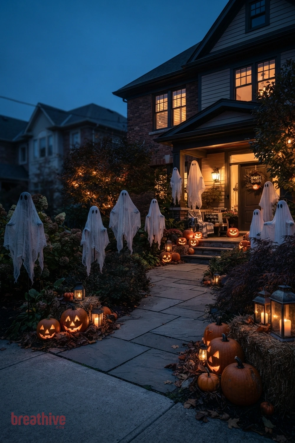 ghost-themed Halloween front yard idea with outdoor setup after dusk using practical, path-safe lighting and visible depth