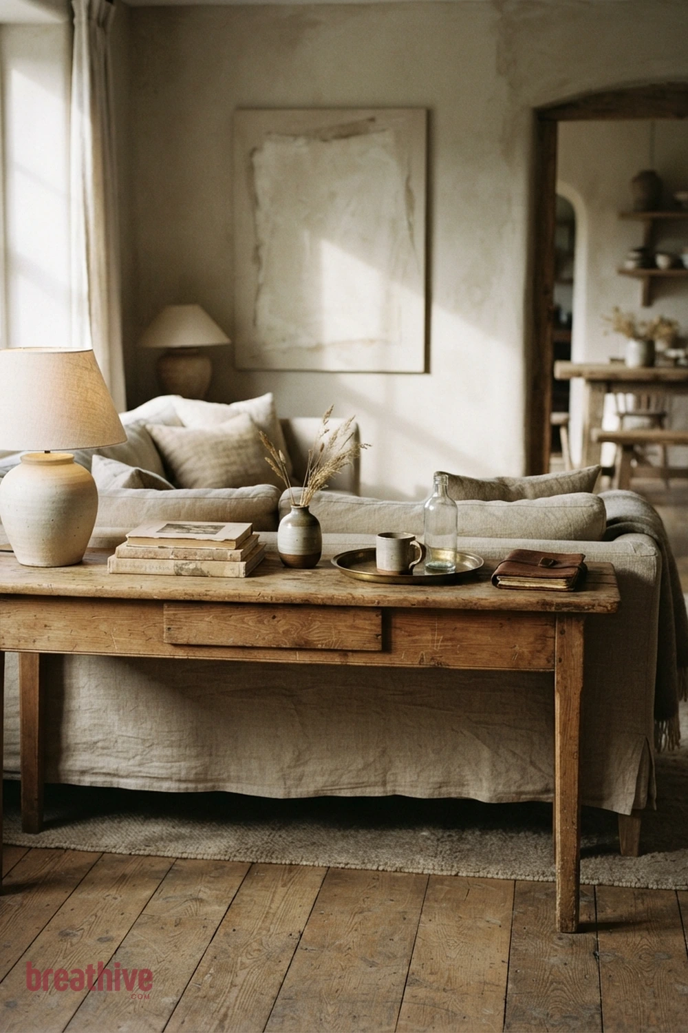 Use a Console Behind a Floating Sofa in a wabi-sabi home decor