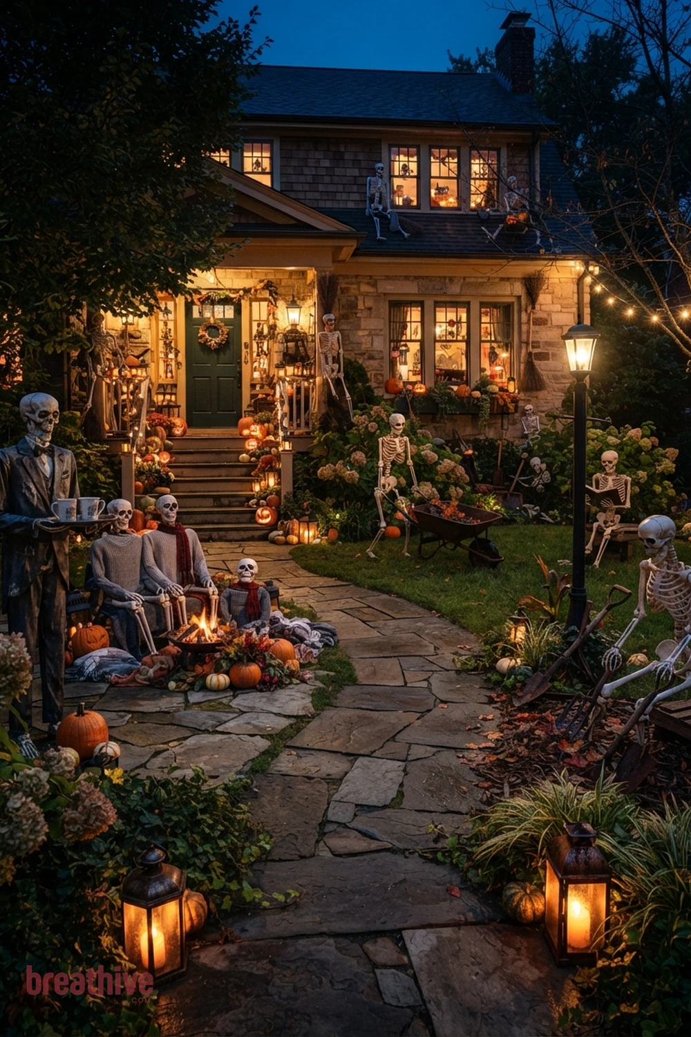 skeleton scene Halloween front yard idea with outdoor setup after dusk using practical, path-safe lighting and visible depth