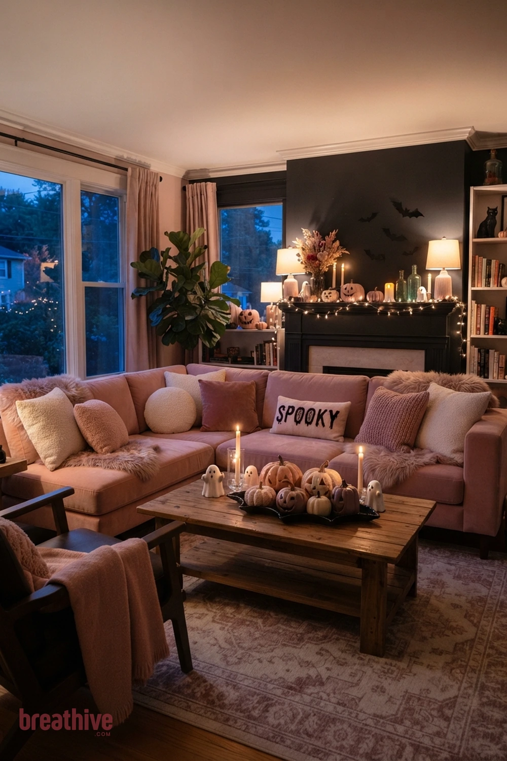 pink playful Halloween living room idea with living room after dusk with practical lamps and safe candle-style lighting