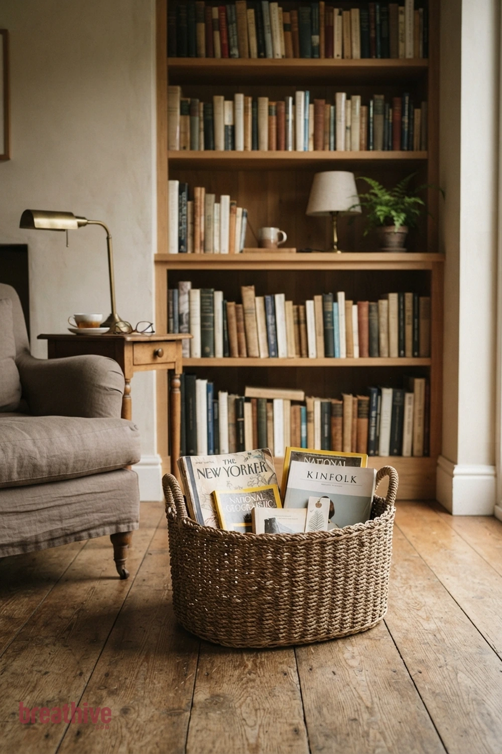 Add a Basket for Returns and Magazines in a thoughtful home library