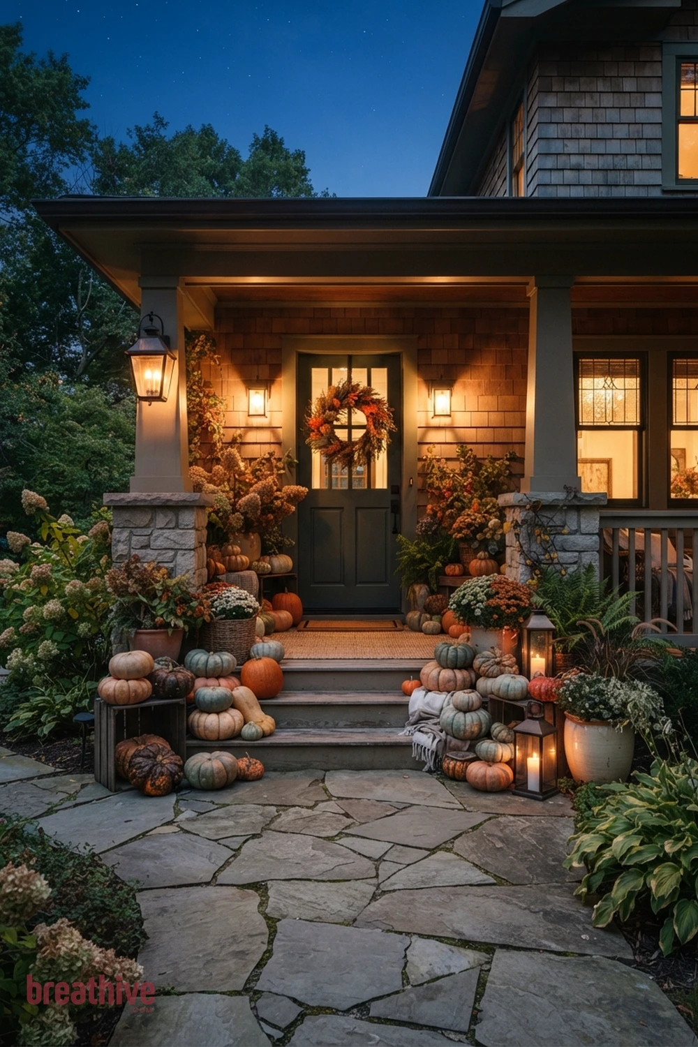 pumpkin layered Halloween front porch idea with same entry transformed after dusk through layered practical lighting