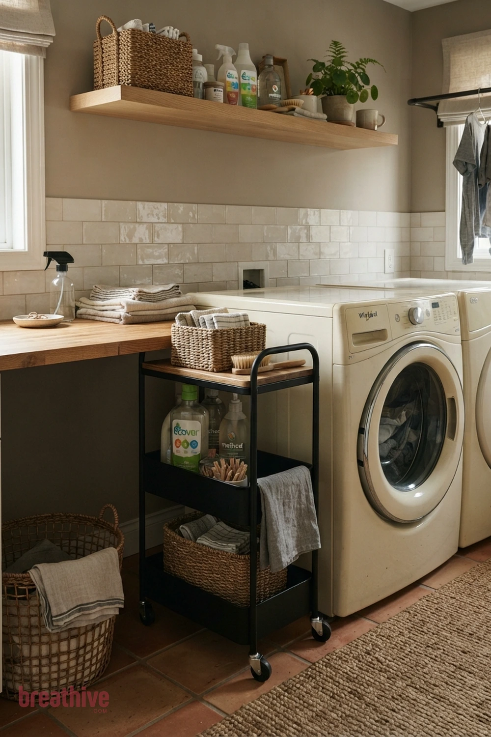 Add a Narrow Rolling Cart Beside the Washer in a thoughtful laundry room