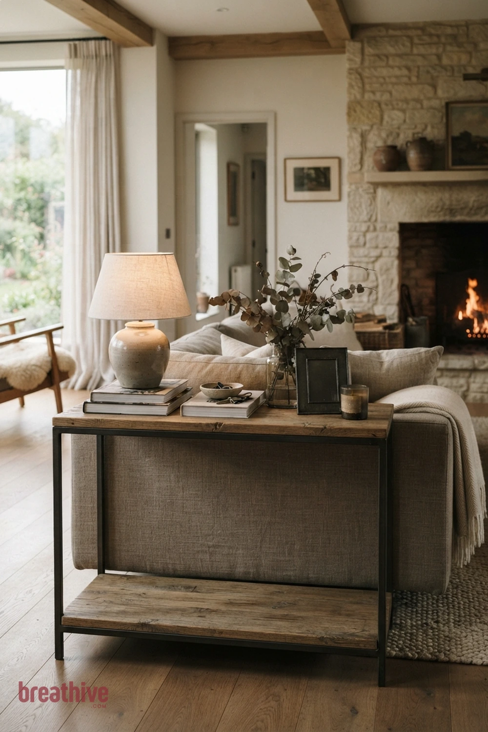 Use a Console Behind a Floating Sofa in a thoughtful home decor