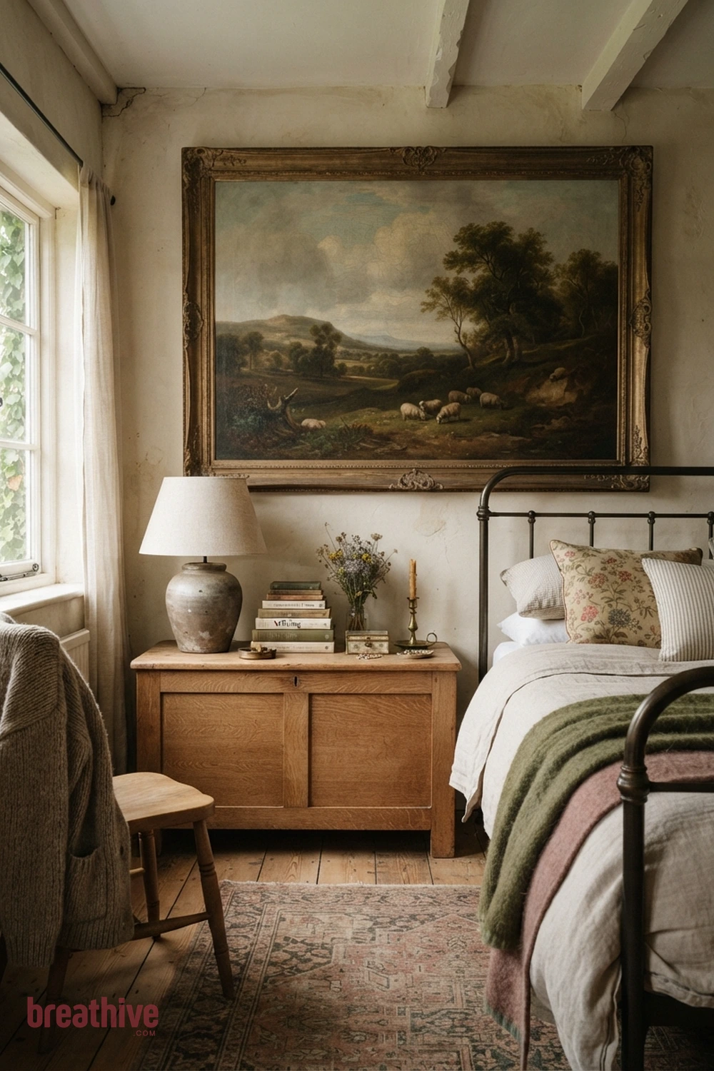 Use One Oversized Artwork Instead of Many Small Pieces in a cottagecore bedroom