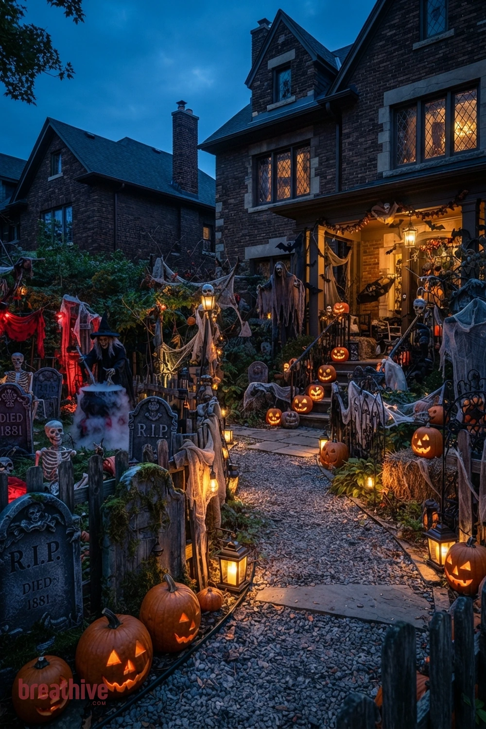 scary theatrical Halloween front yard idea with outdoor setup after dusk using practical, path-safe lighting and visible depth