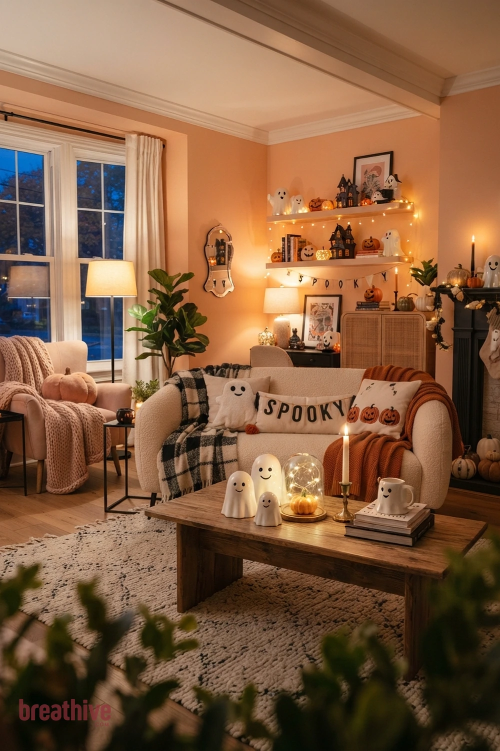 sweet spooky Halloween living room idea with living room after dusk with practical lamps and safe candle-style lighting