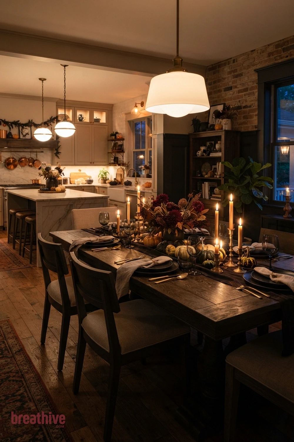 spooky tablescape Halloween dining room idea with kitchen or dining setup after dusk using pendants, lamps, and safe candle-style glow
