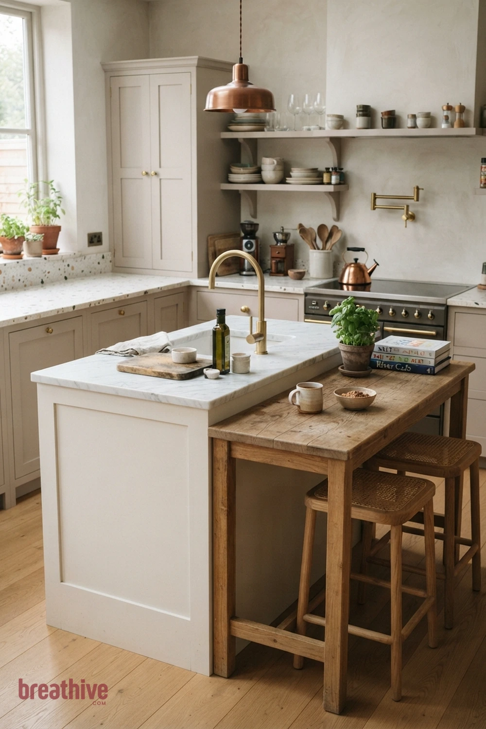 Narrow Galley Island With Side Table in a thoughtful kitchen