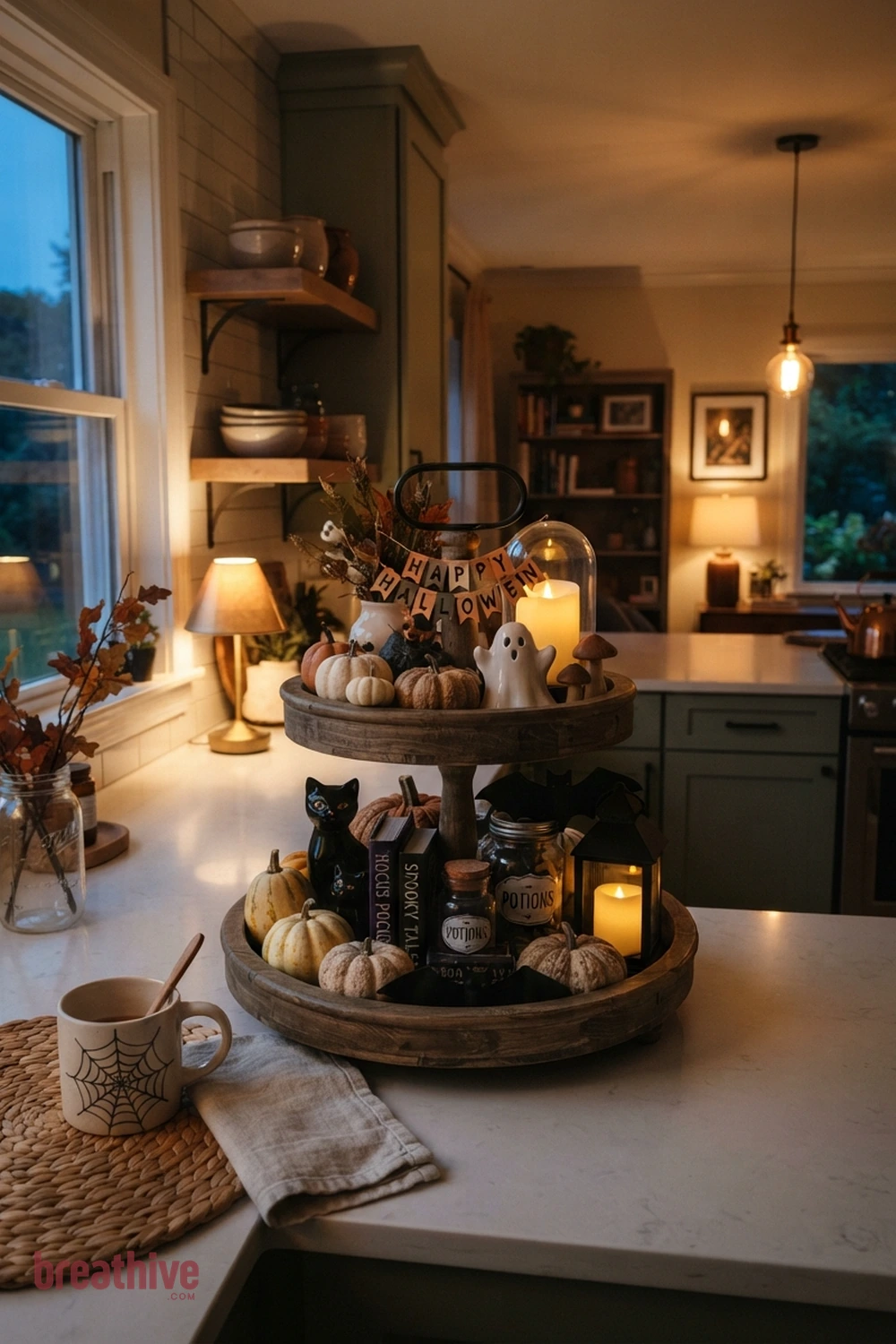 tiered tray Halloween kitchen counter idea with kitchen or dining setup after dusk using pendants, lamps, and safe candle-style glow