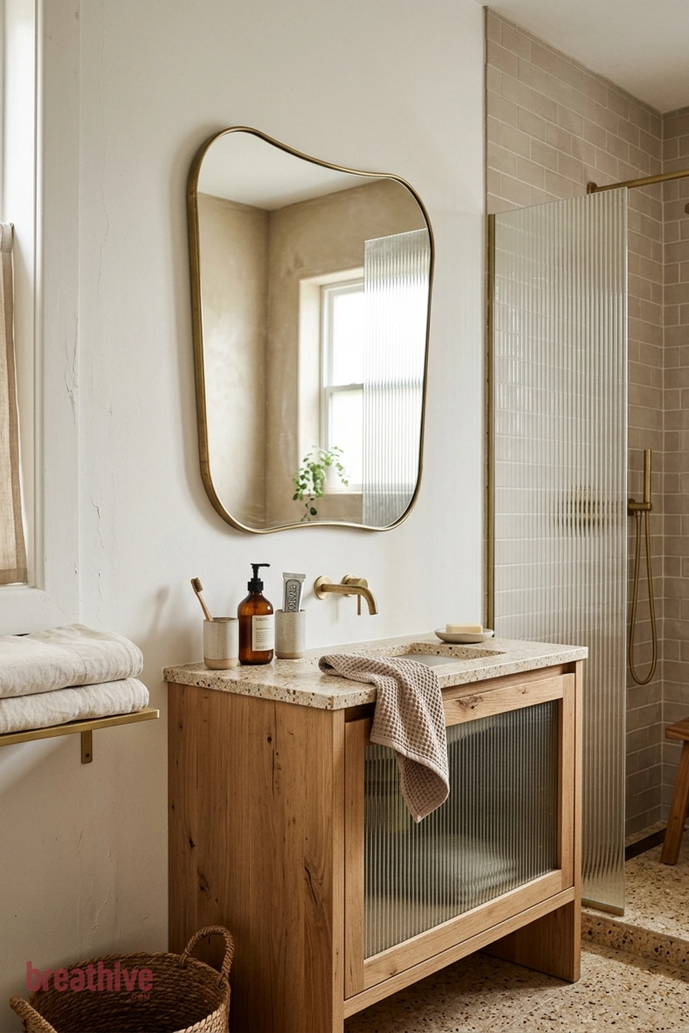 Choose a Curved Mirror for Softer Geometry in a thoughtful bathroom