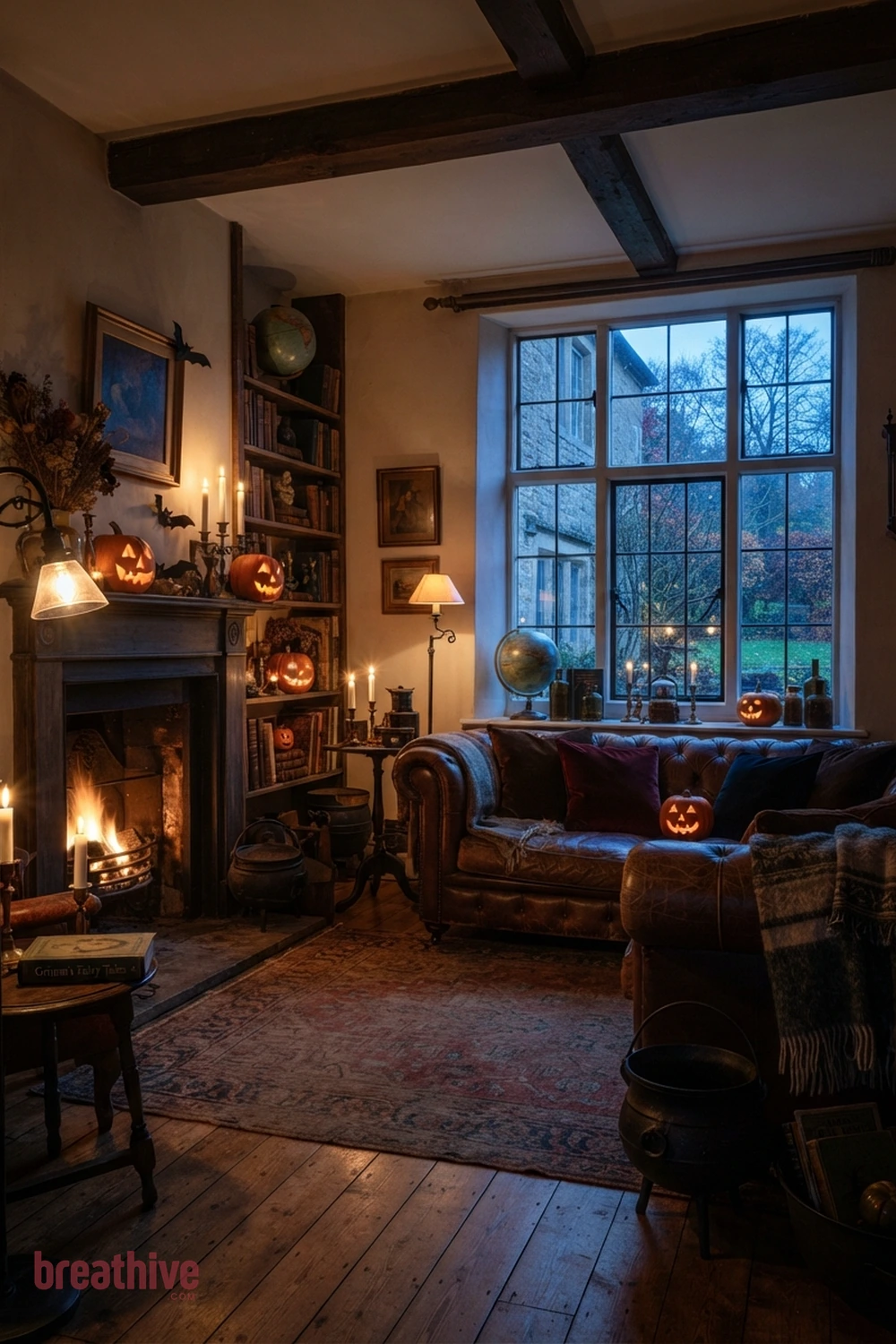 vintage Halloween living room idea with living room after dusk with practical lamps and safe candle-style lighting