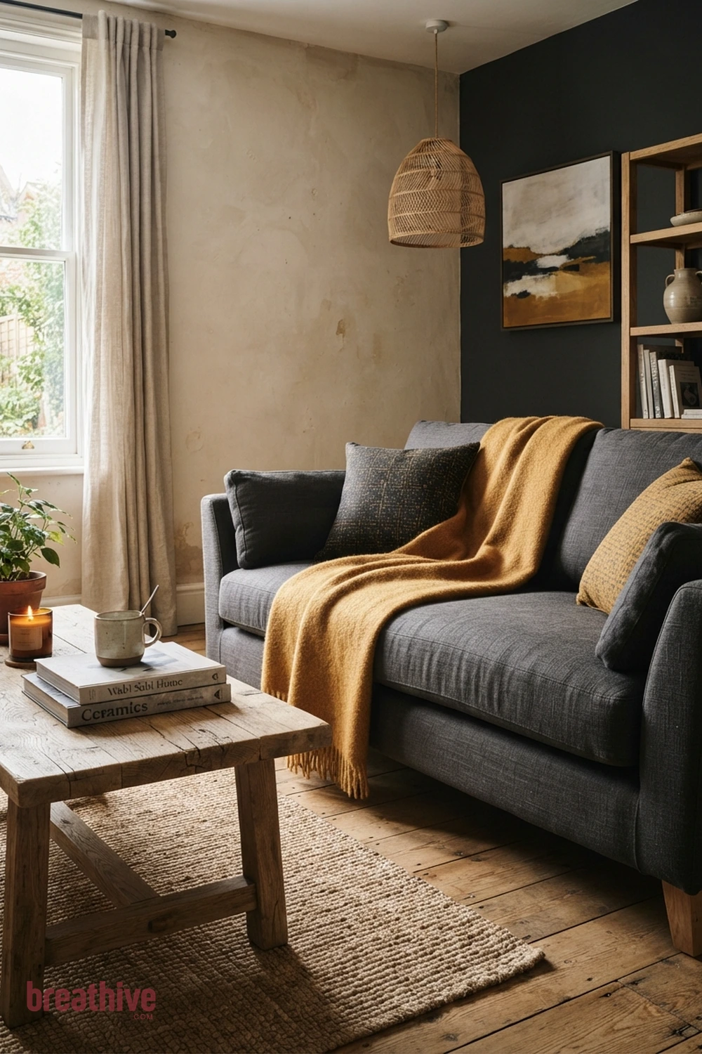 Ochre, Charcoal, and Natural Wood in a thoughtful living room
