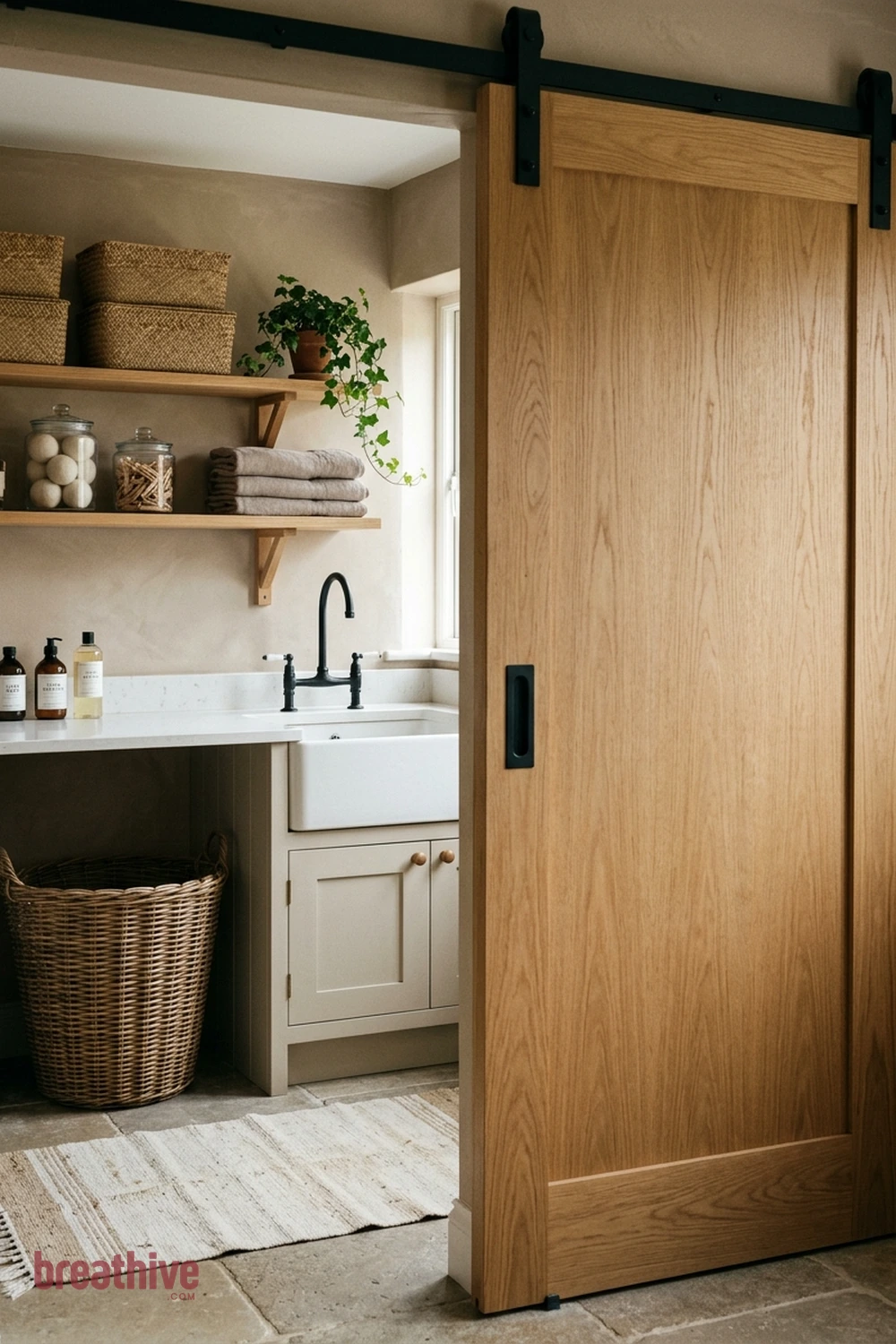 Use a Pocket or Sliding Door in a thoughtful laundry room