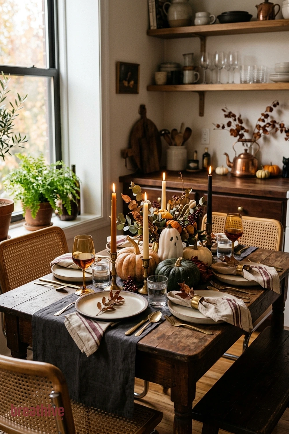 dinner party Halloween dining room idea with compact apartment kitchen, breakfast nook, or narrow counter using a restrained seasonal grouping