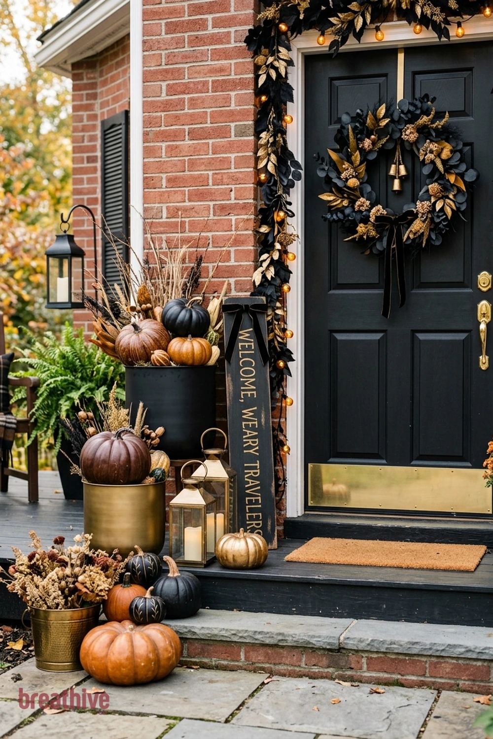 black and gold Halloween front porch idea with compact entry using vertical or grouped decor instead of spreading across the floor