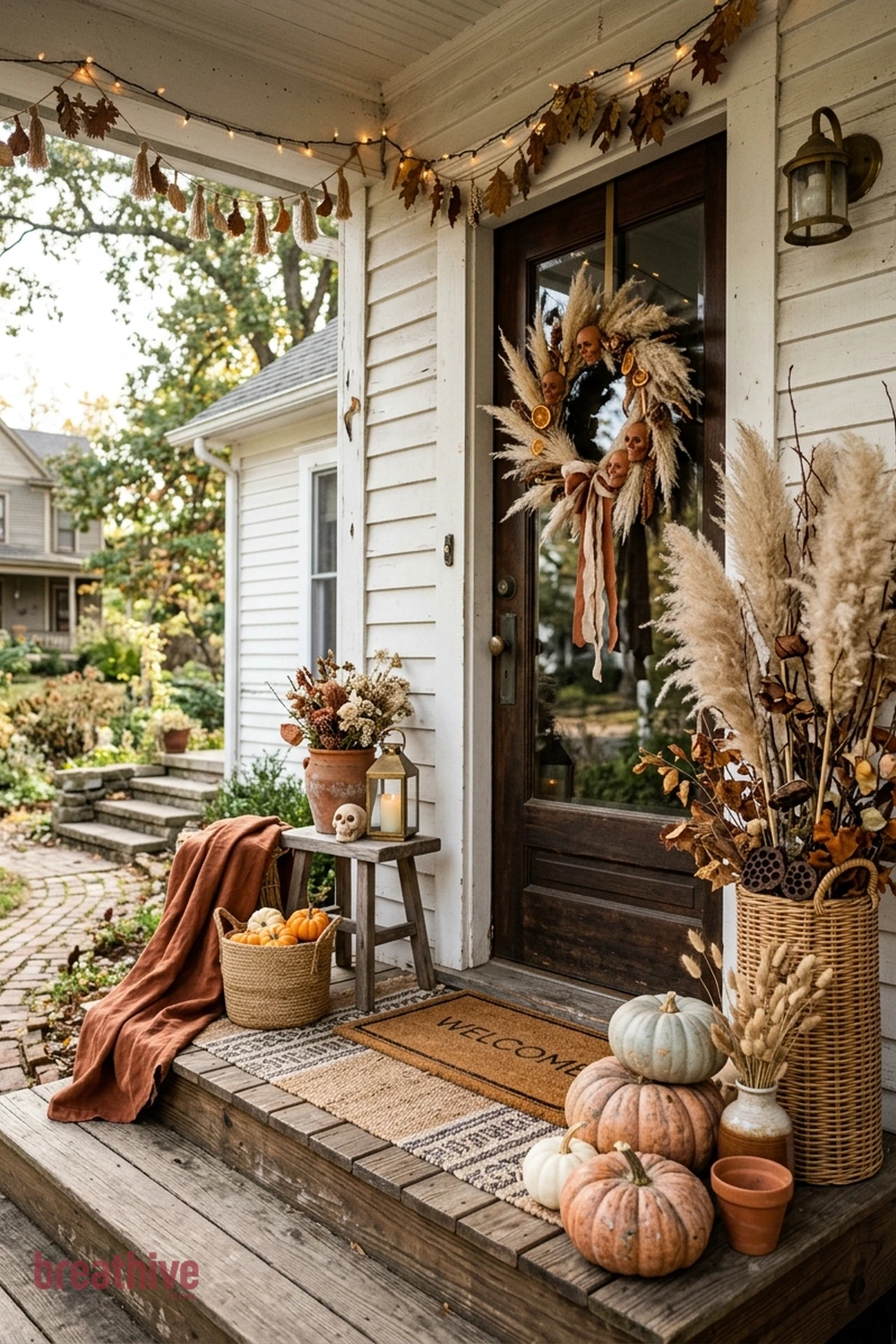 boho Halloween front porch idea with compact entry using vertical or grouped decor instead of spreading across the floor