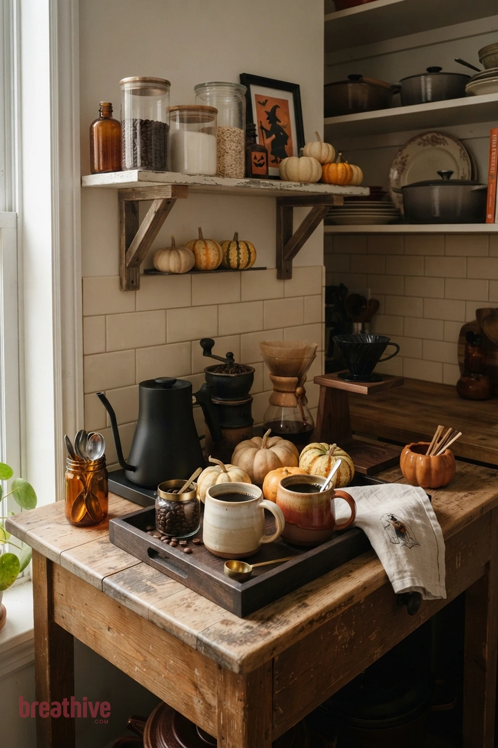cozy coffee bar Halloween kitchen coffee station idea with compact apartment kitchen, breakfast nook, or narrow counter using a restrained seasonal grouping