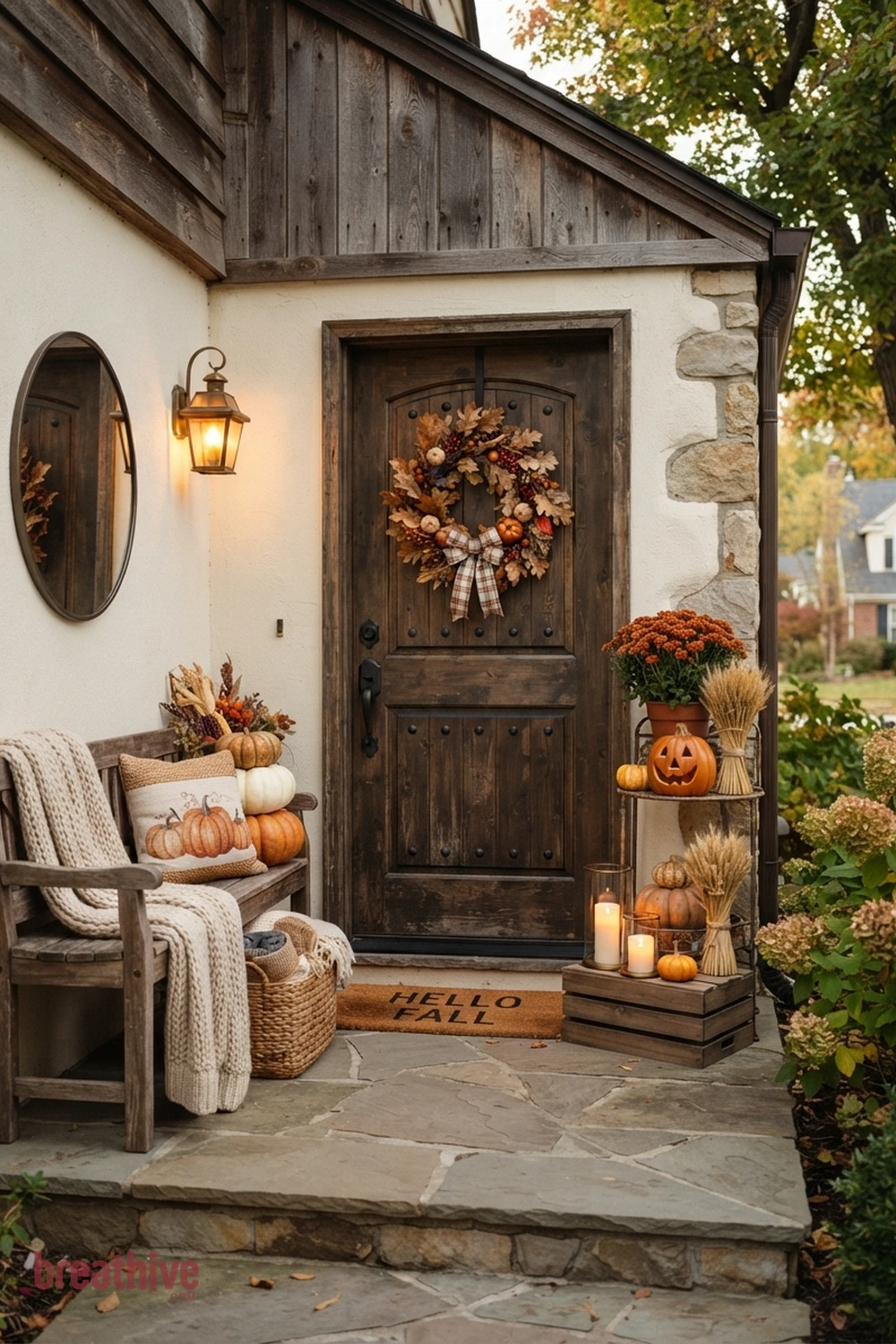 cozy Halloween front entry idea with compact entry using vertical or grouped decor instead of spreading across the floor