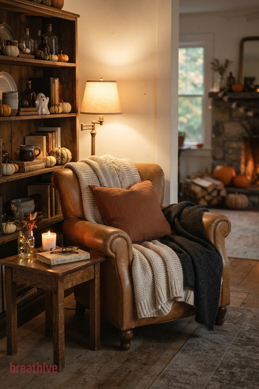 cozy Halloween living room idea with reading nook, side table, or shelf showing how the concept works in limited space