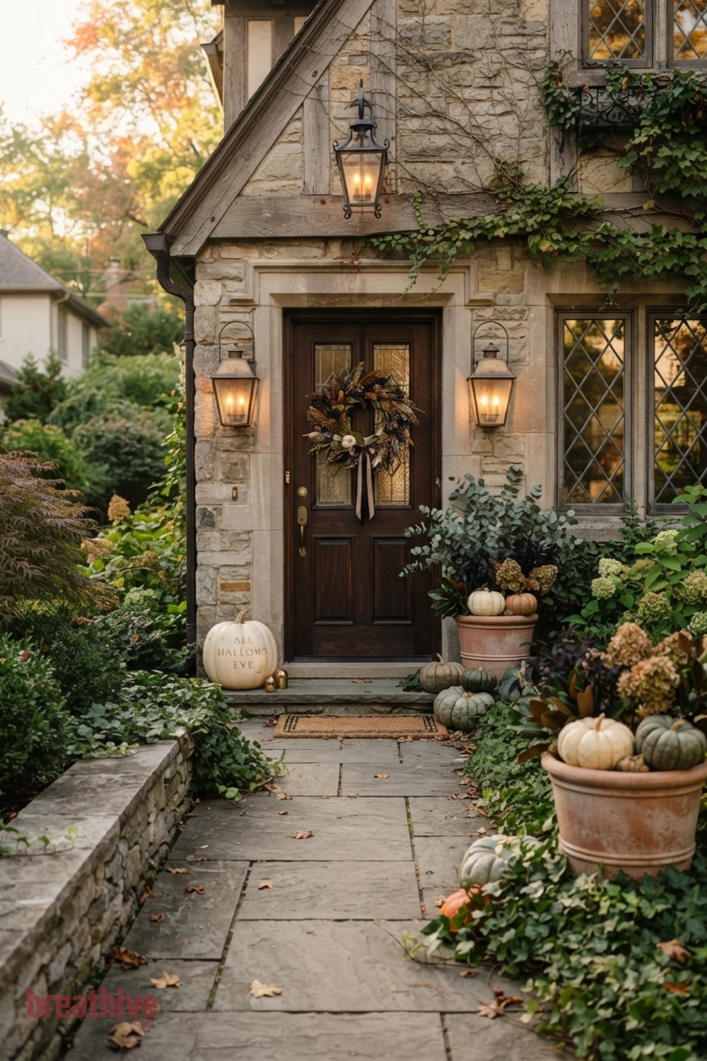 classy Halloween front yard and entry idea with small front yard or narrow side path using fewer pieces with stronger placement
