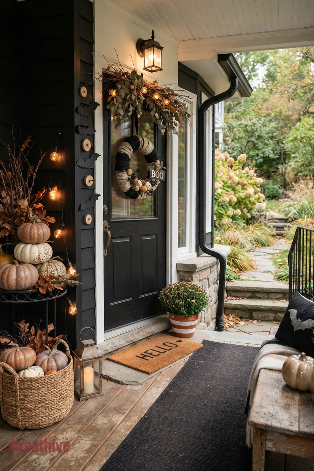 DIY polished Halloween front porch idea with compact entry using vertical or grouped decor instead of spreading across the floor
