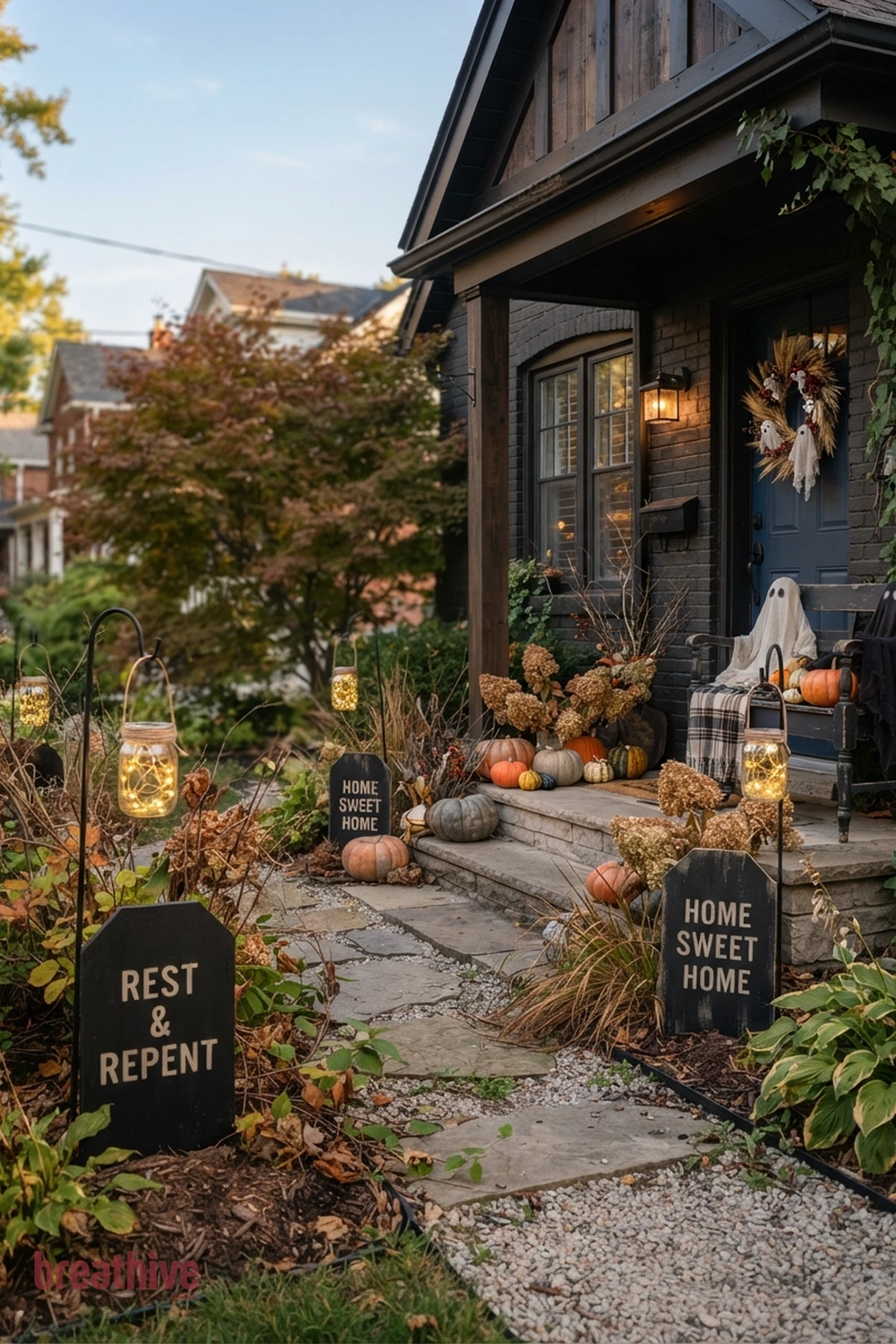 DIY outdoor Halloween front yard idea with small front yard or narrow side path using fewer pieces with stronger placement