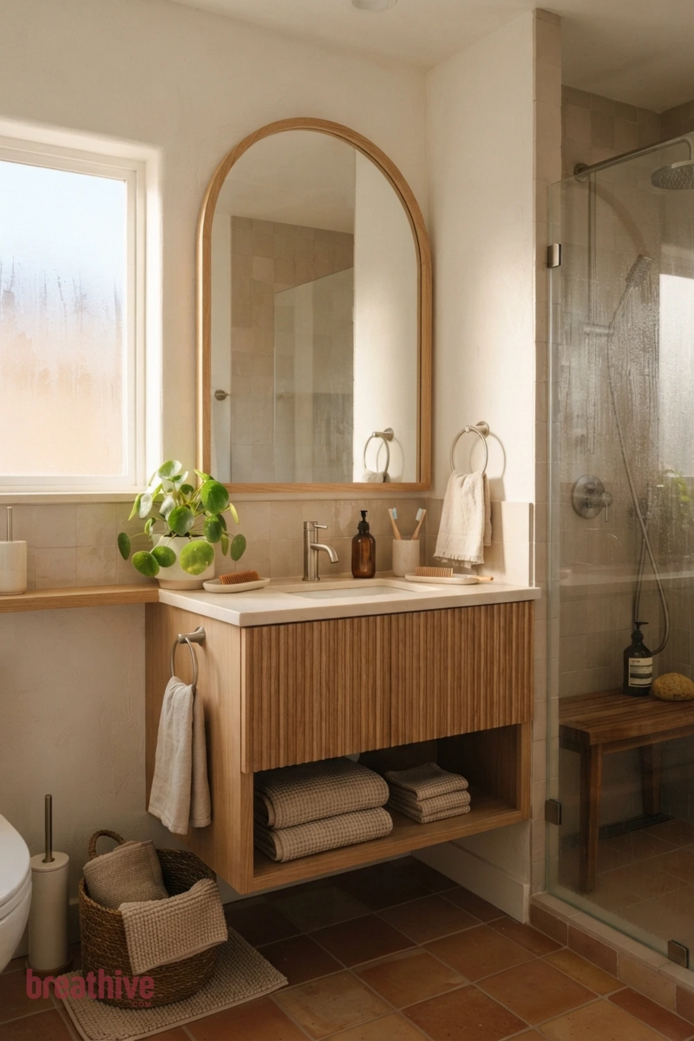 Choose a Curved Mirror for Softer Geometry in a thoughtful bathroom