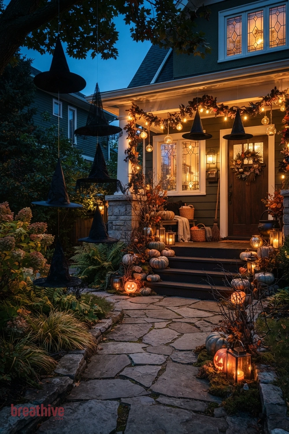 whimsical witch Halloween porch and walkway idea with small front yard or narrow side path using fewer pieces with stronger placement