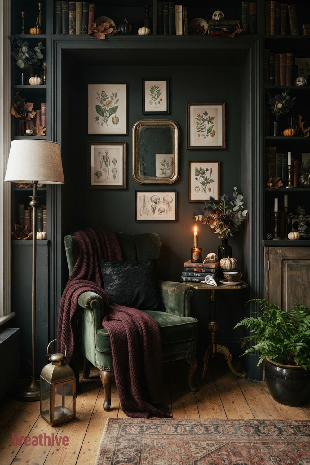 gothic Halloween living room idea with reading nook, side table, or shelf showing how the concept works in limited space