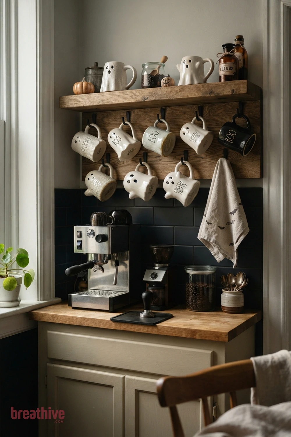 ghost mug collection Halloween kitchen coffee station idea with compact apartment kitchen, breakfast nook, or narrow counter using a restrained seasonal grouping