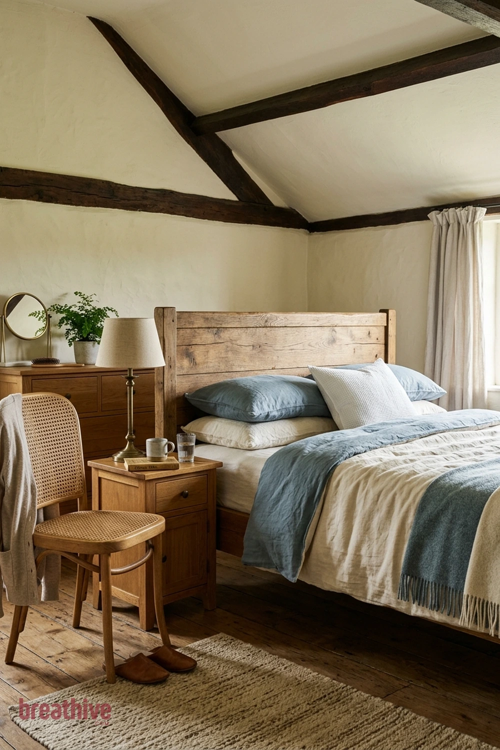 Add Warm Wood Near the Sleeping Zone in a cottage bedroom