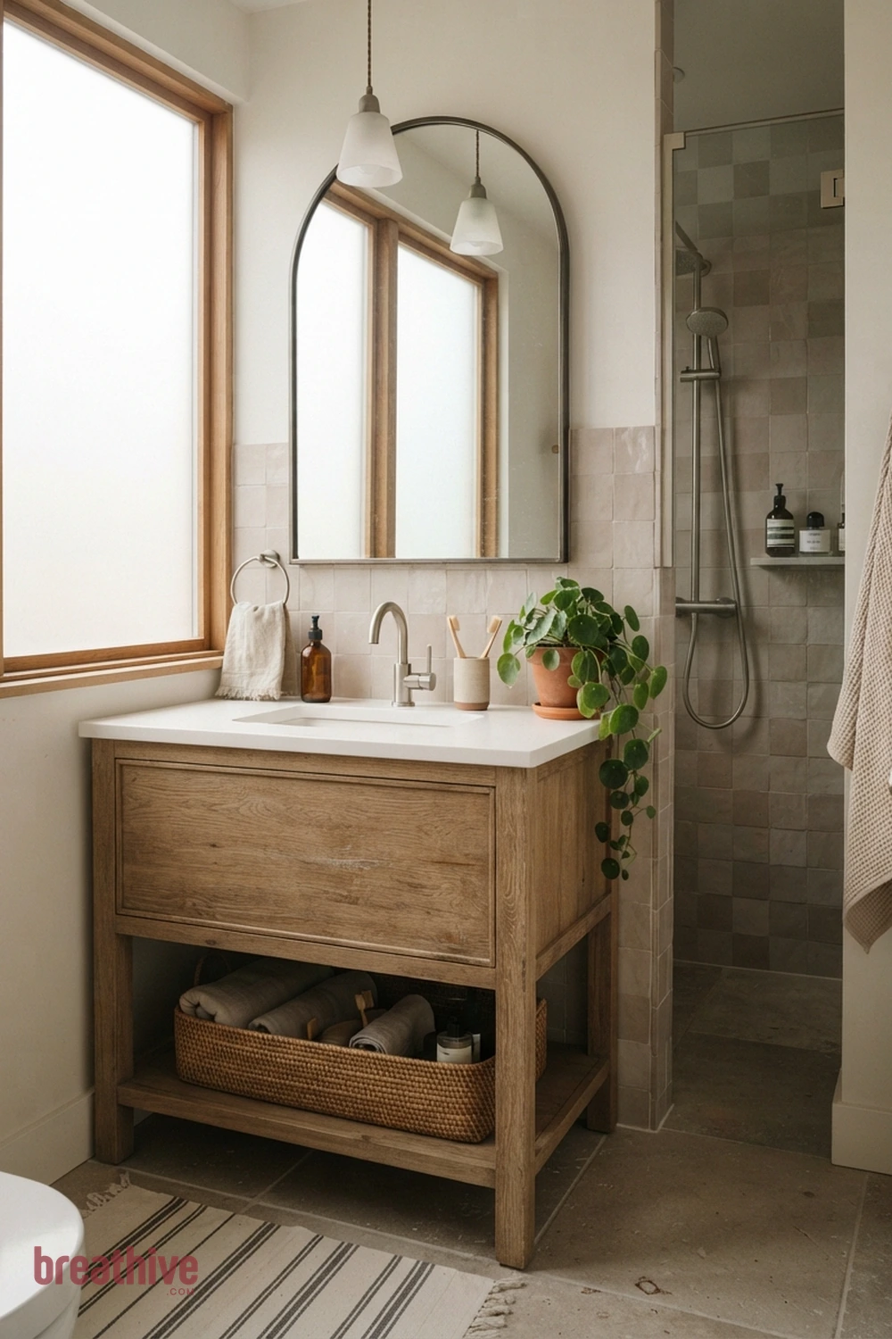 Choose a Curved Mirror for Softer Geometry in a thoughtful bathroom
