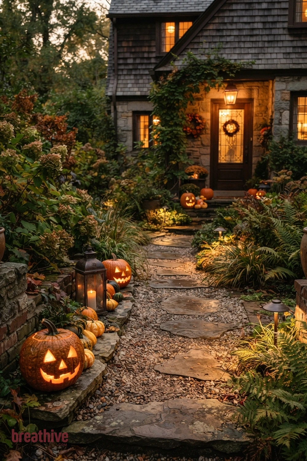 path lighting Halloween garden pathway idea with small front yard or narrow side path using fewer pieces with stronger placement