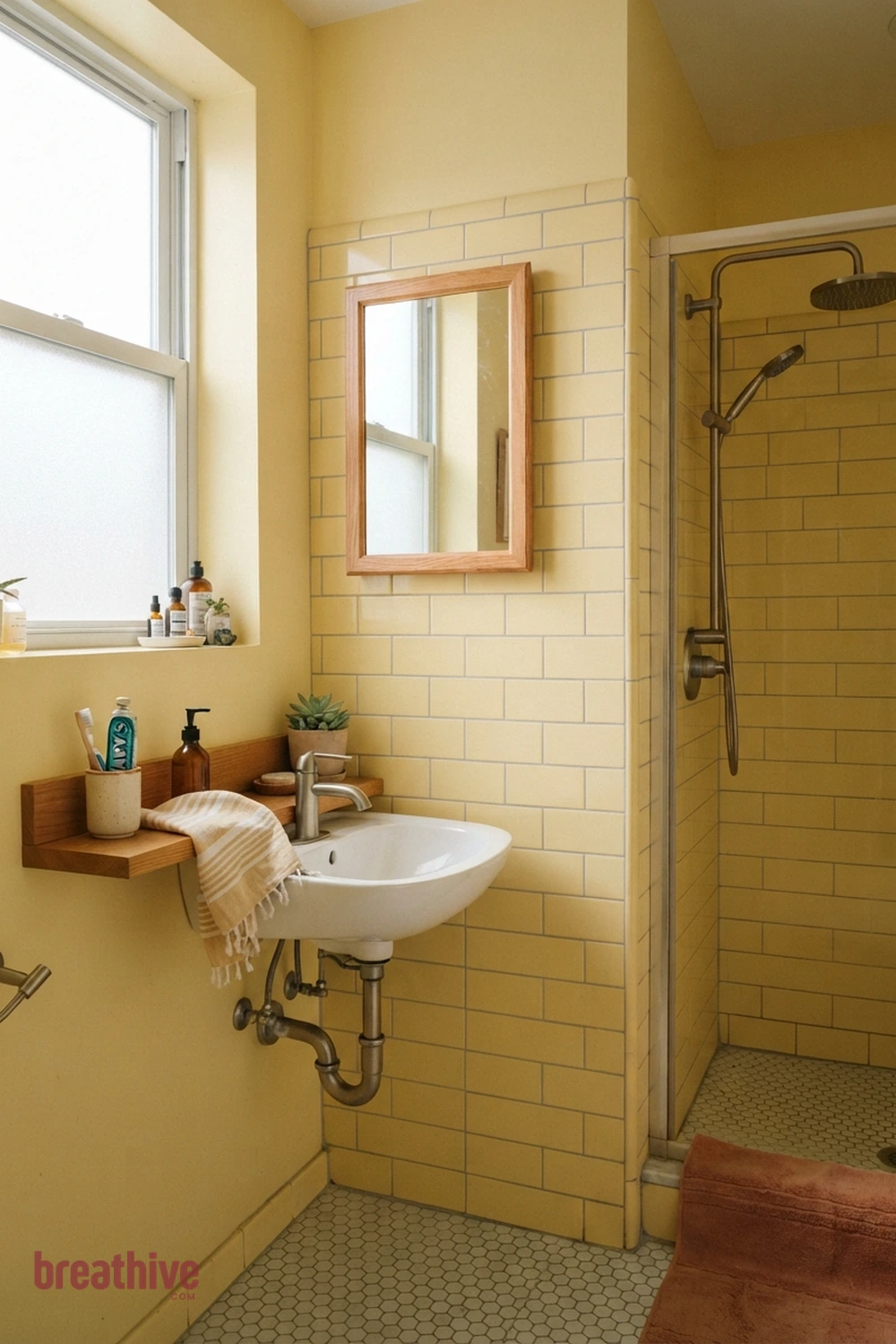 Keep Grout Lines Simple in a Small Room in a yellow bathroom