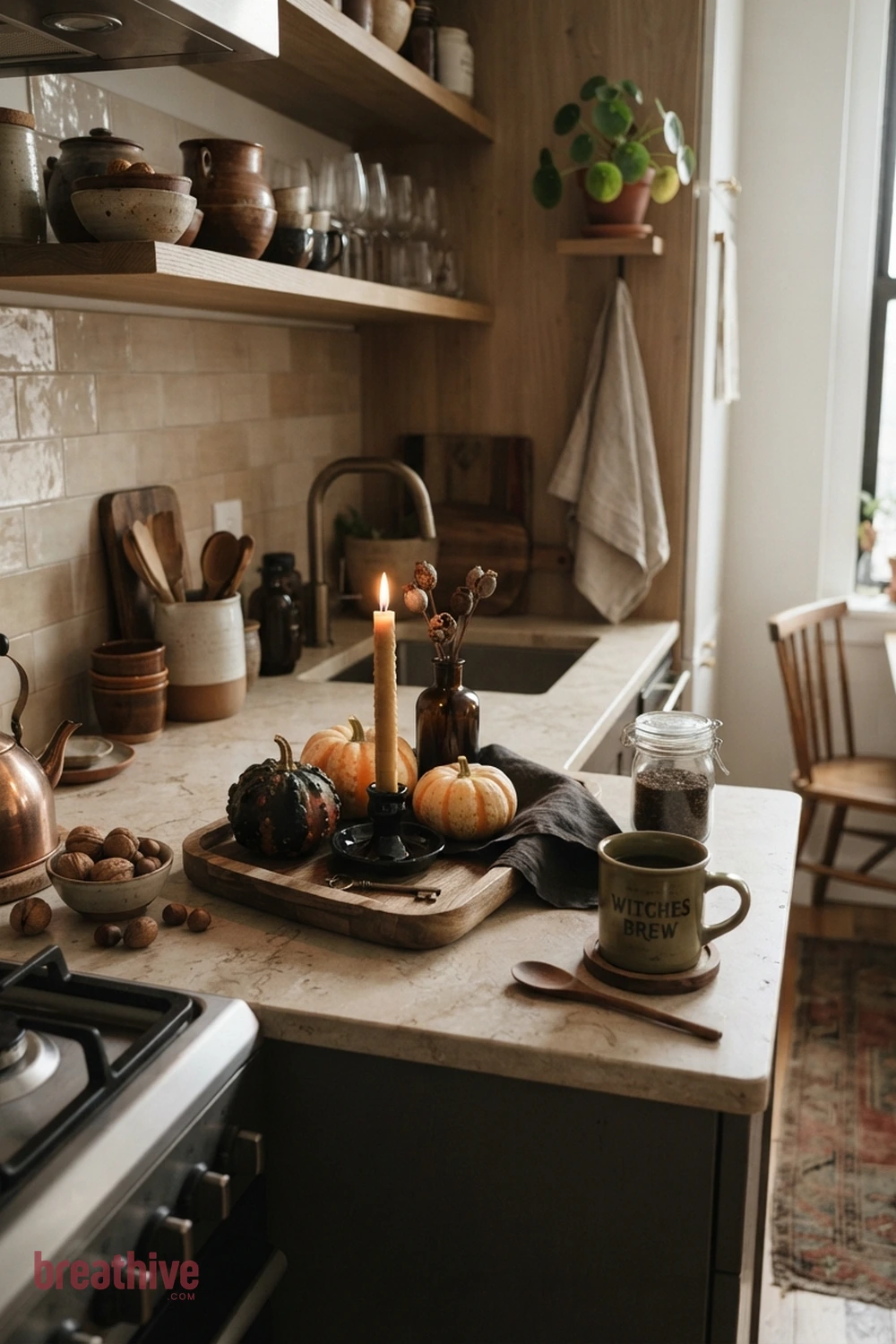 counter styling Halloween kitchen counter idea with compact apartment kitchen, breakfast nook, or narrow counter using a restrained seasonal grouping